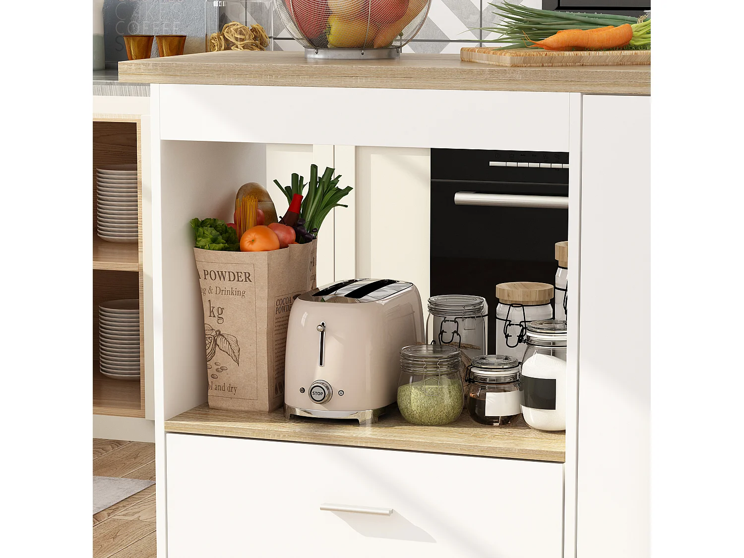 Îlot de cuisine avec tiroirs, Travail de plan,pour la cuisine, salon Bois&Blanc, 150x91x80cm