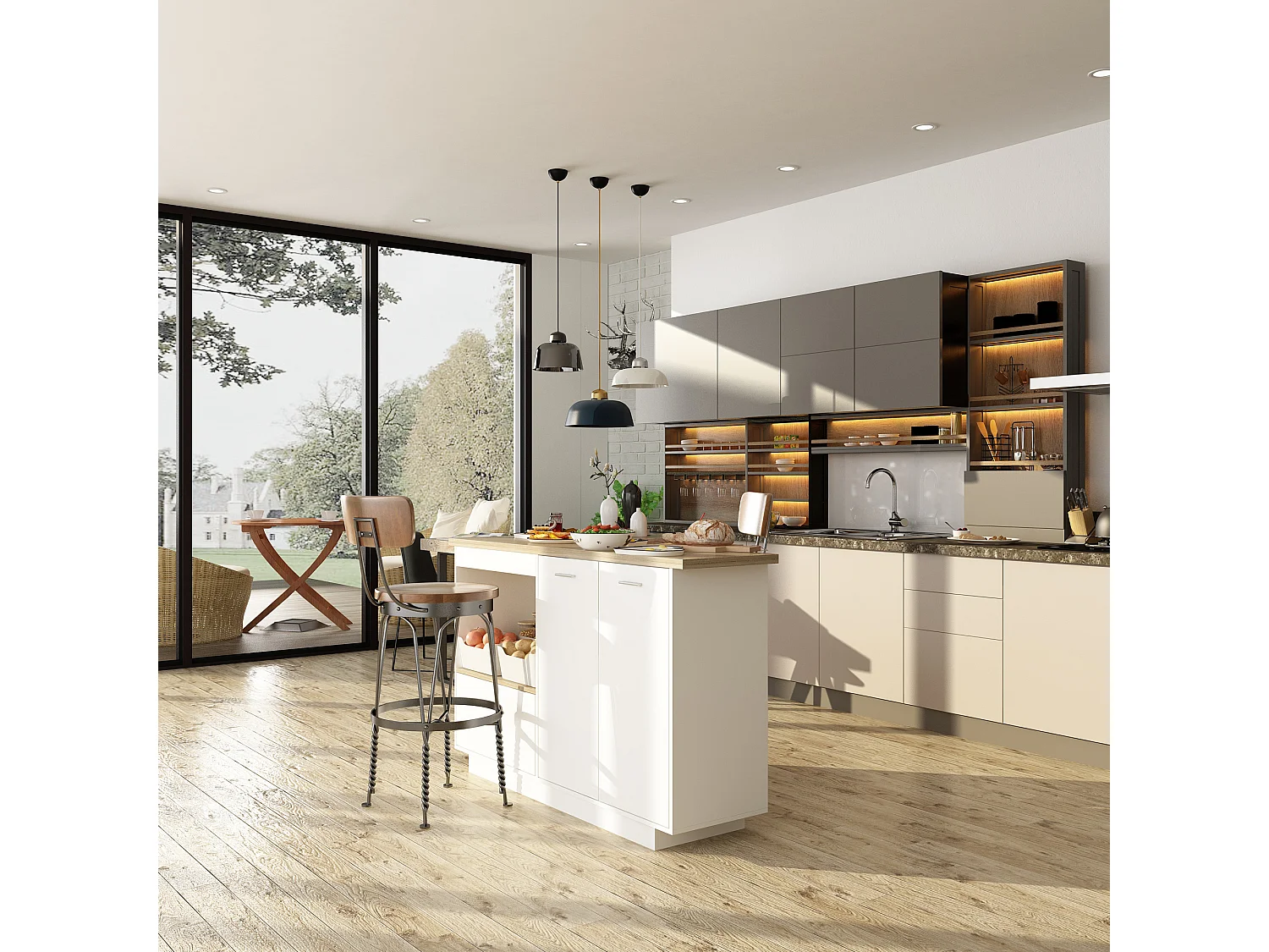 Îlot de cuisine avec tiroirs, Travail de plan,pour la cuisine, salon Bois&Blanc, 150x91x80cm