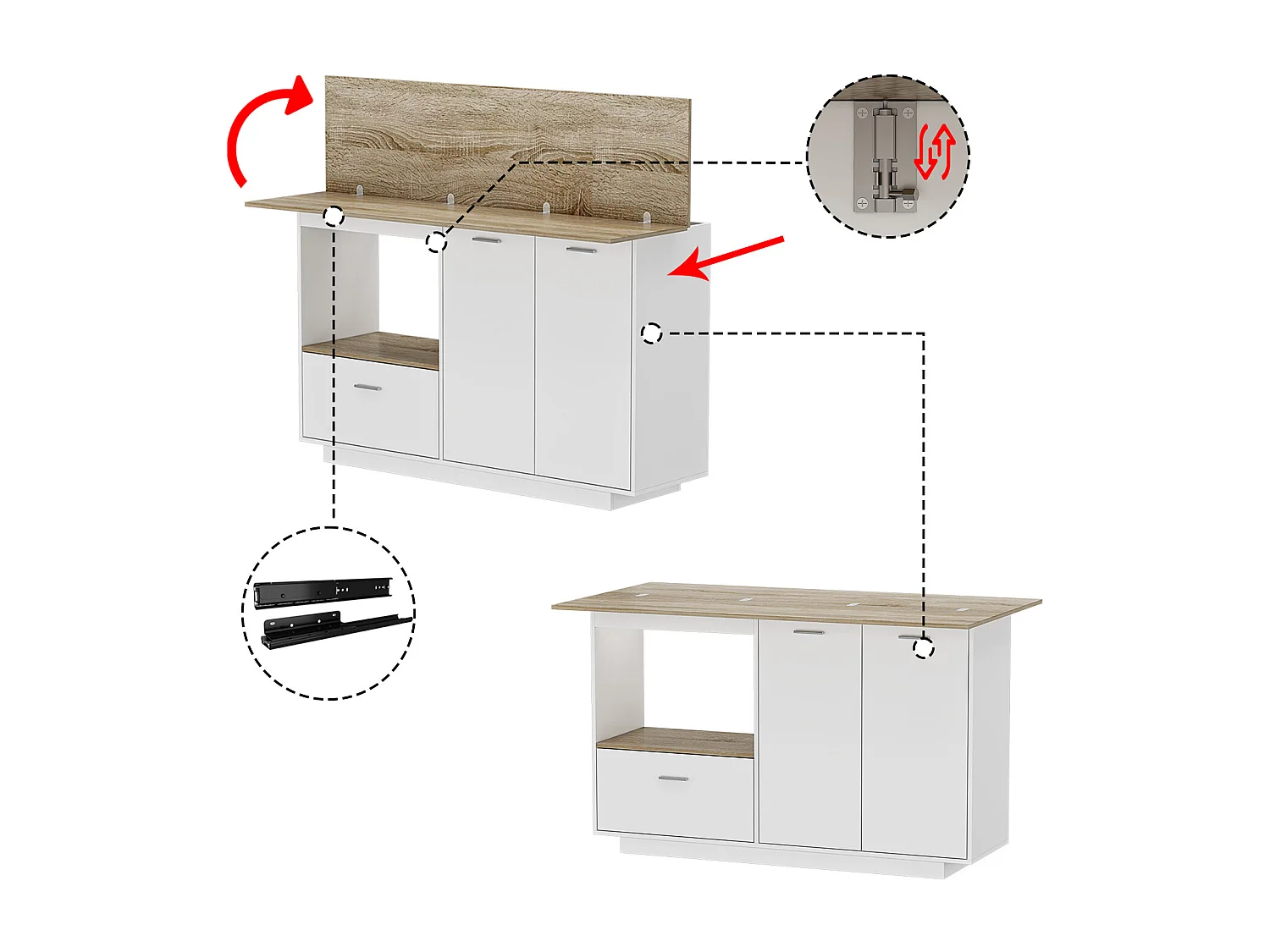 Îlot de cuisine avec tiroirs, Travail de plan,pour la cuisine, salon Bois&Blanc, 150x91x80cm