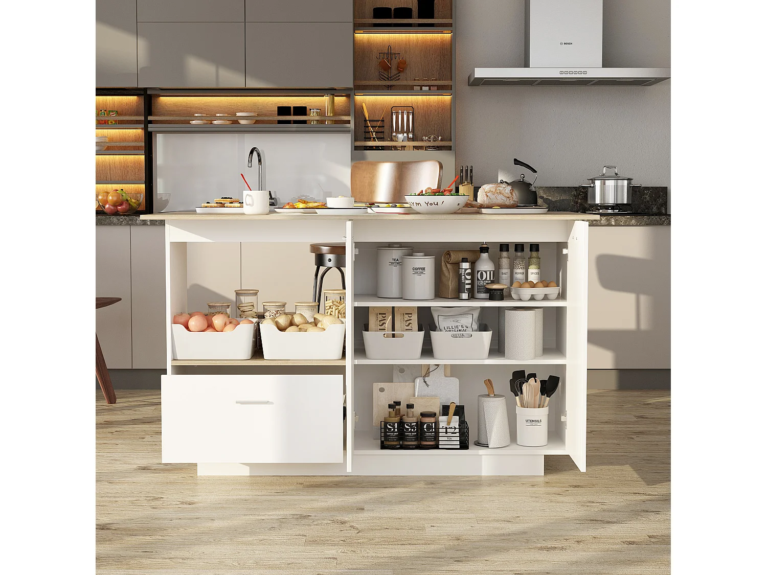 Îlot de cuisine avec tiroirs, Travail de plan,pour la cuisine, salon Bois&Blanc, 150x91x80cm