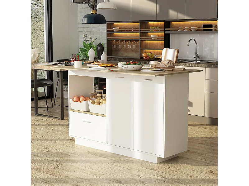 Îlot de cuisine avec tiroirs, Travail de plan,pour la cuisine, salon Bois&Blanc, 150x91x80cm