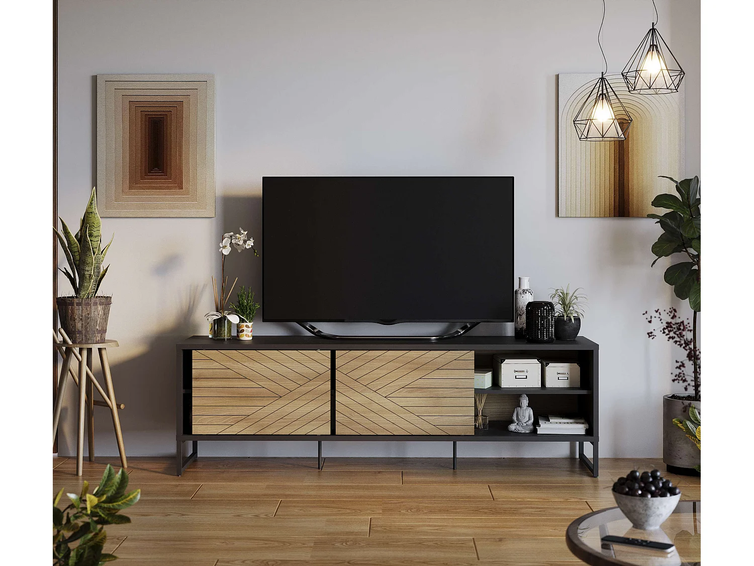 Meuble TV LANE 2 portes coulissantes  55x180x45 cm chêne et noir TALESA