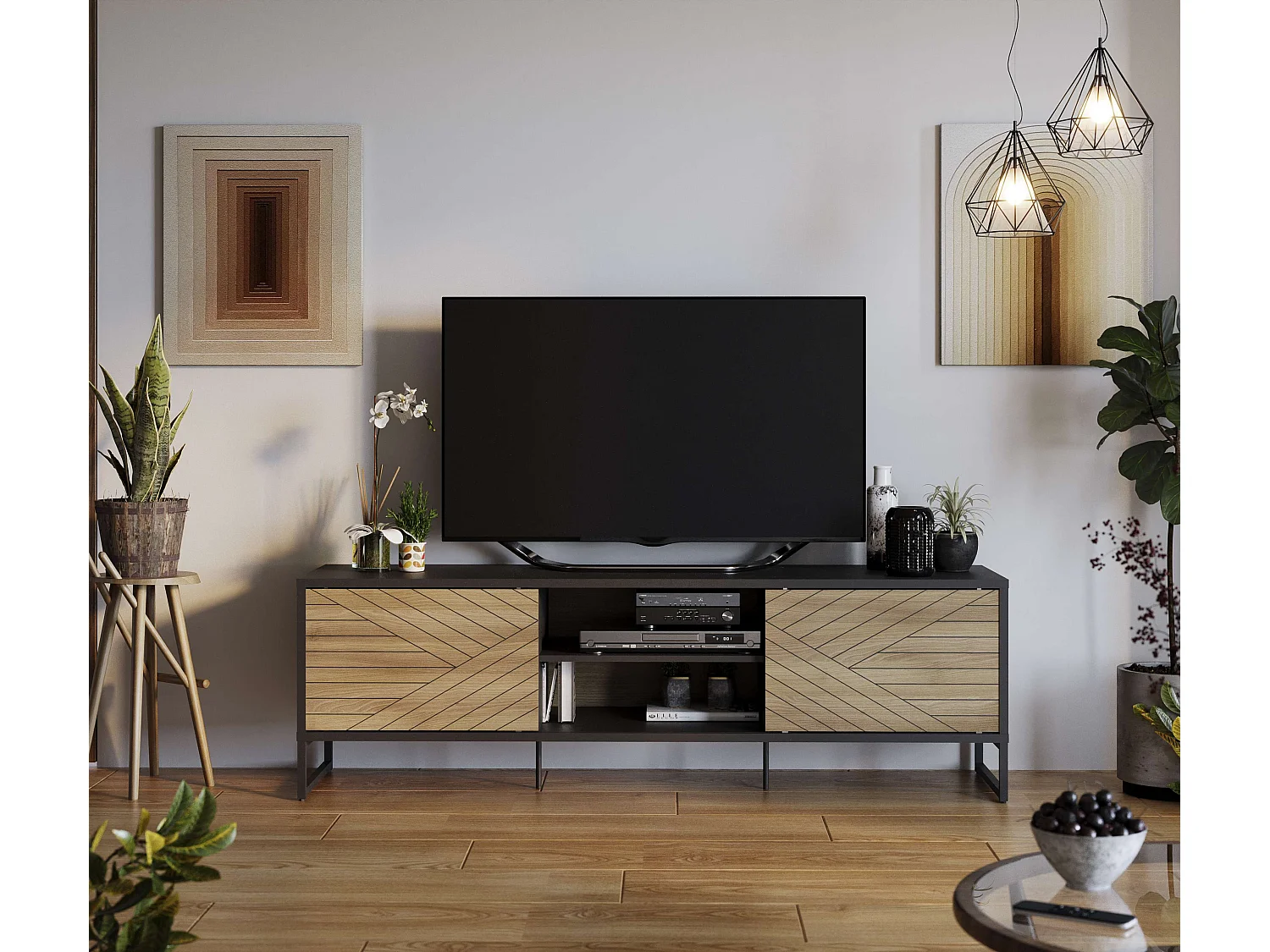 Meuble TV LANE 2 portes coulissantes  55x180x45 cm chêne et noir TALESA