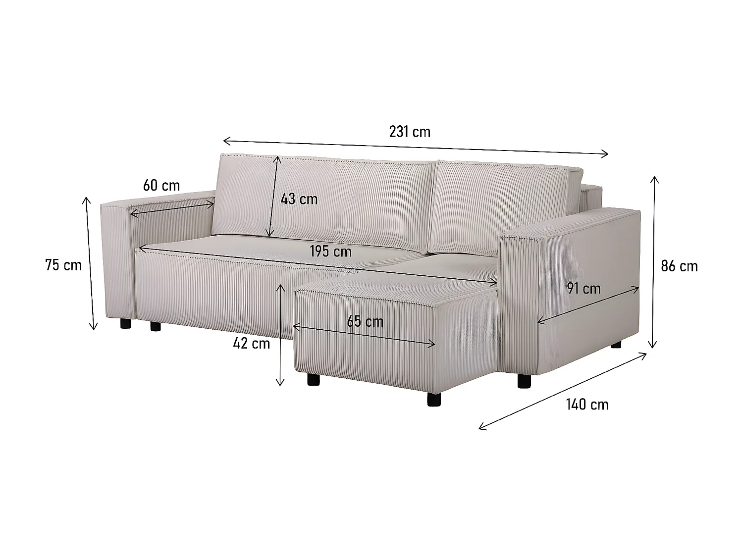 Canapé d'angle en velours côtelé "Montaigne S" - 3 places - Beige