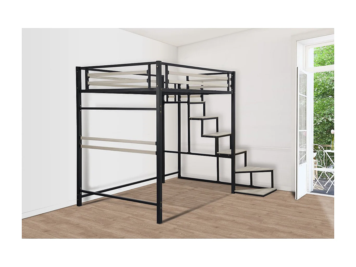 Lit mezzanine en métal avec escalier "LENA" - 140 x 190 cm - Noir