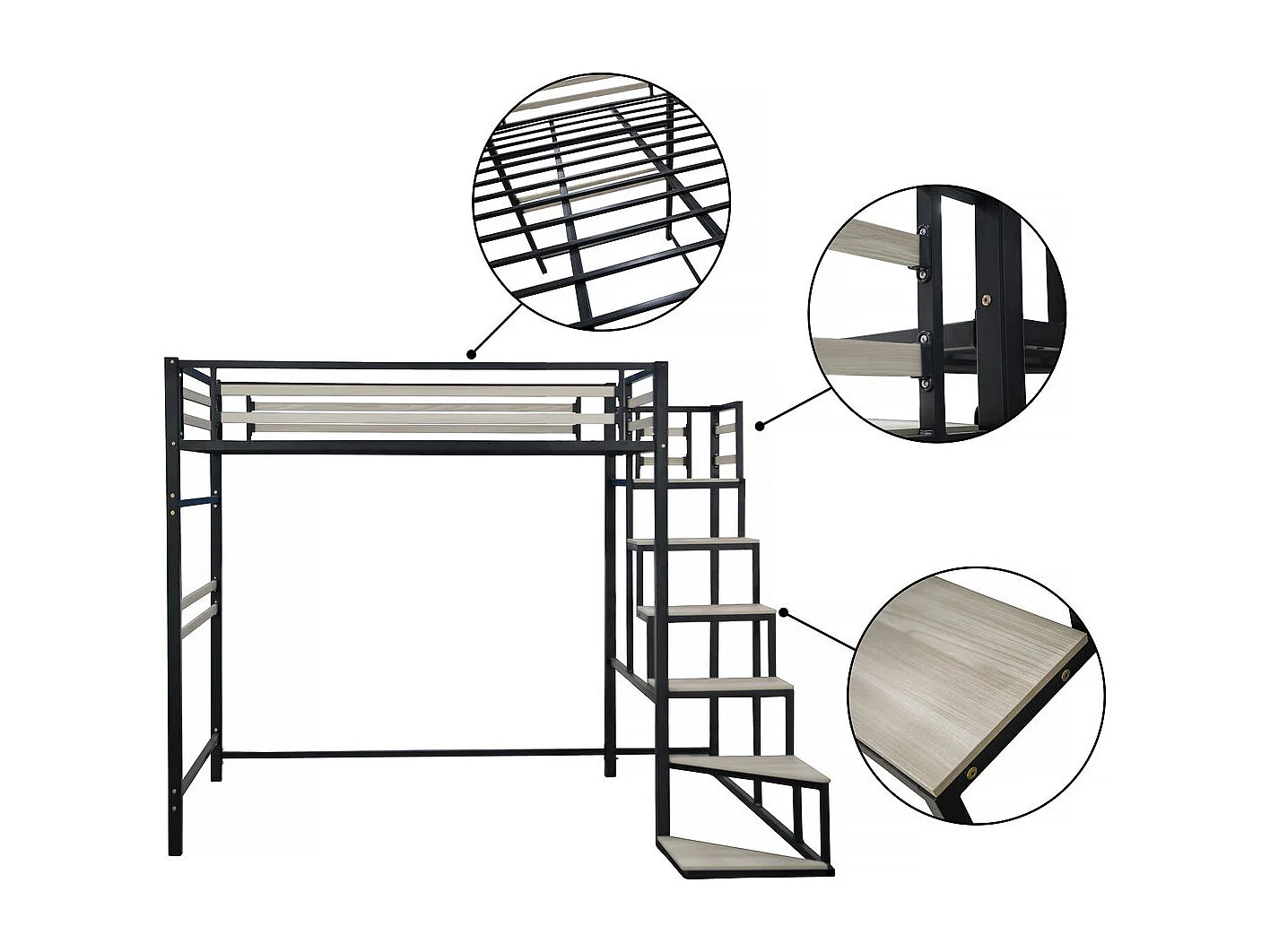 Lit mezzanine en métal avec escalier "LENA" - 140 x 190 cm - Noir