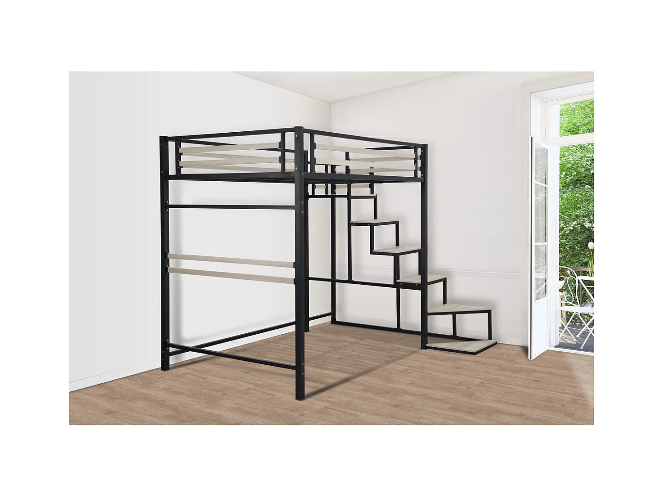 Lit mezzanine en métal avec escalier "LENA" - 140 x 190 cm - Noir