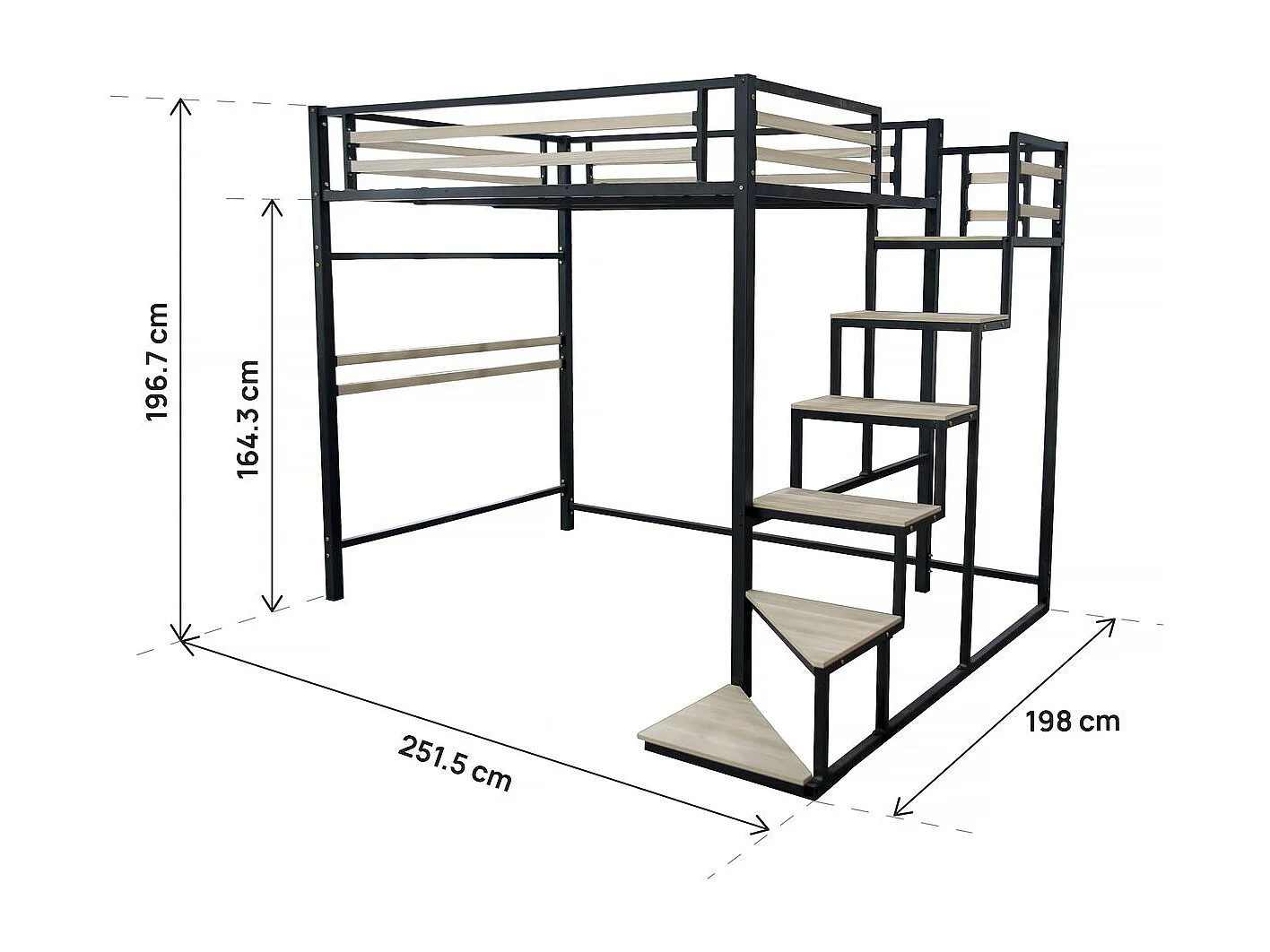 Cama alta de metal com escadas "LENA" - 140 x 200 cm - preta -
