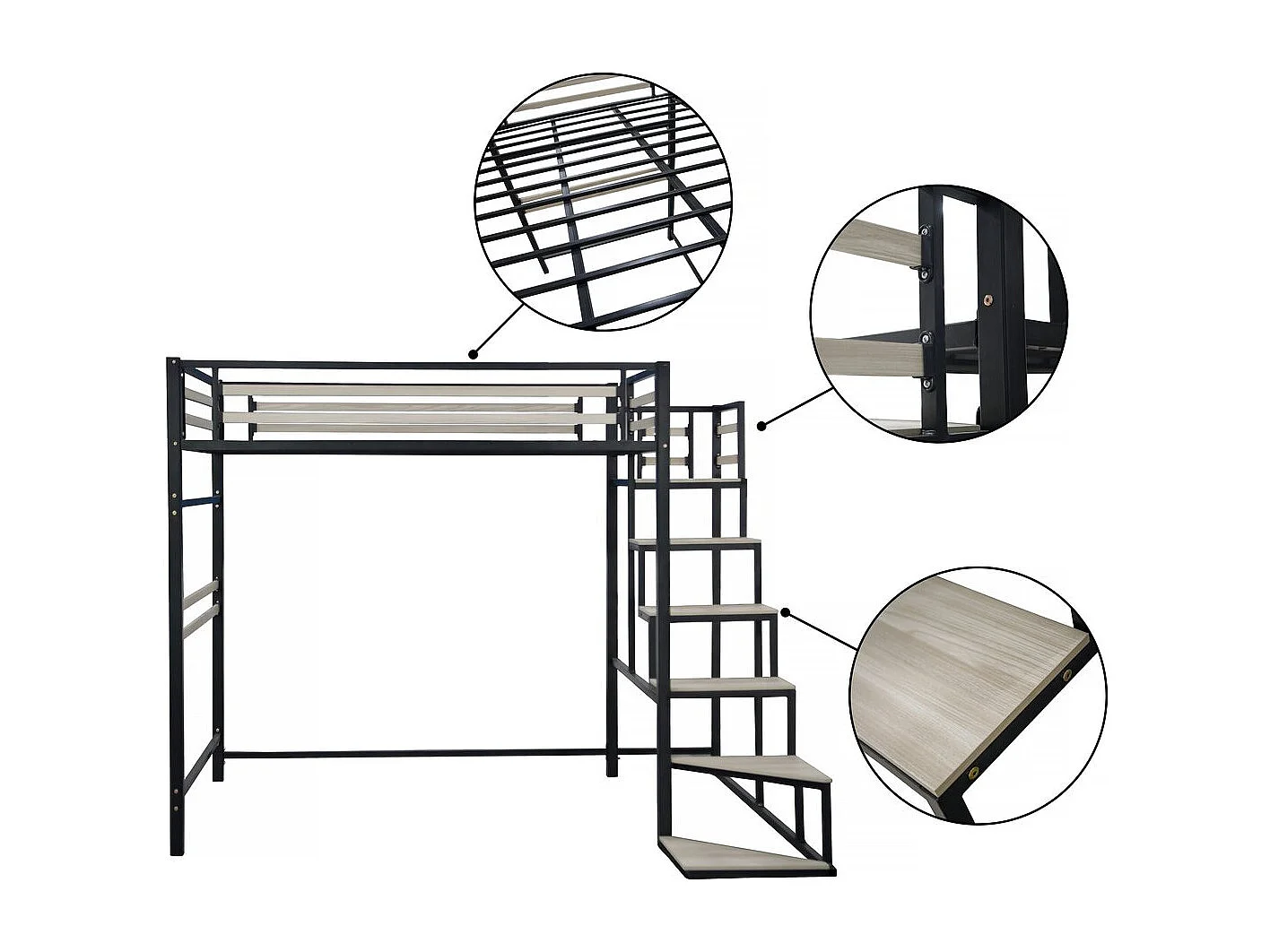 Cama alta de metal com escadas "LENA" - 140 x 200 cm - preta -