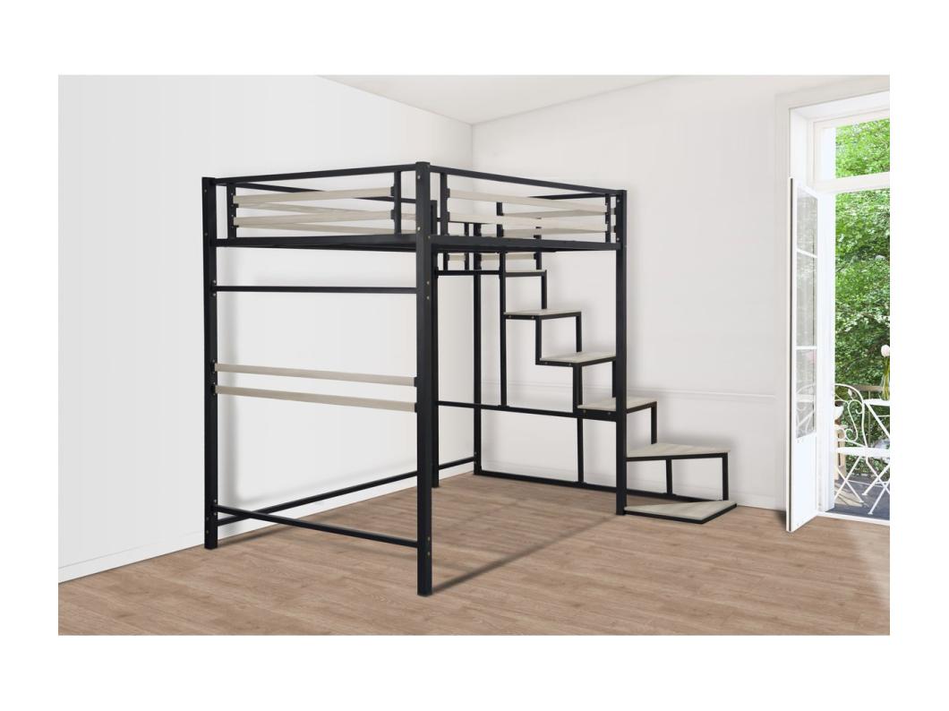 Metalen hoogslaper "LENA" met trap - 140 x 200 cm - zwart