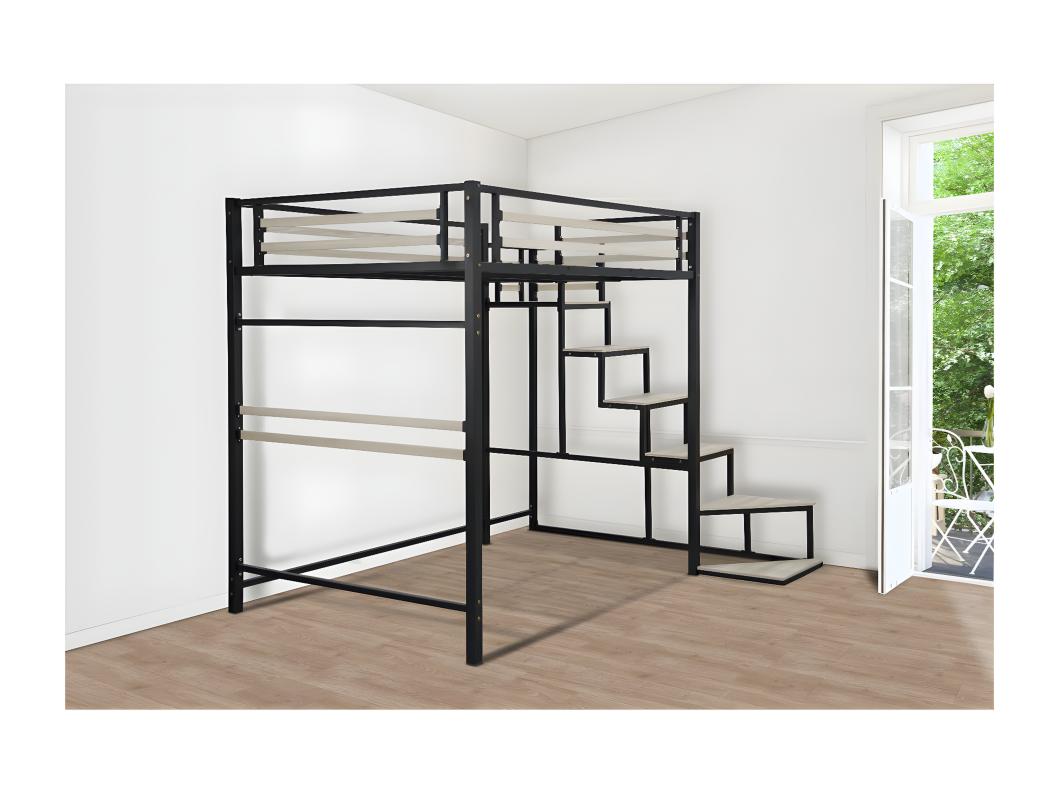 Metalen hoogslaper "LENA" met trap - 140 x 200 cm - zwart
