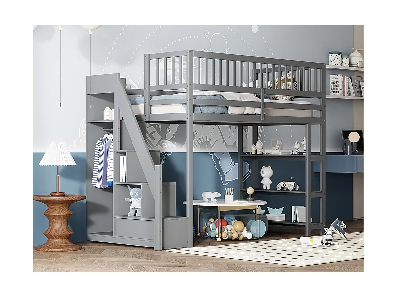 Lit mezzanine 90x200 cm en bois - avec étagères et une penderie - avec barres hautes - Gris