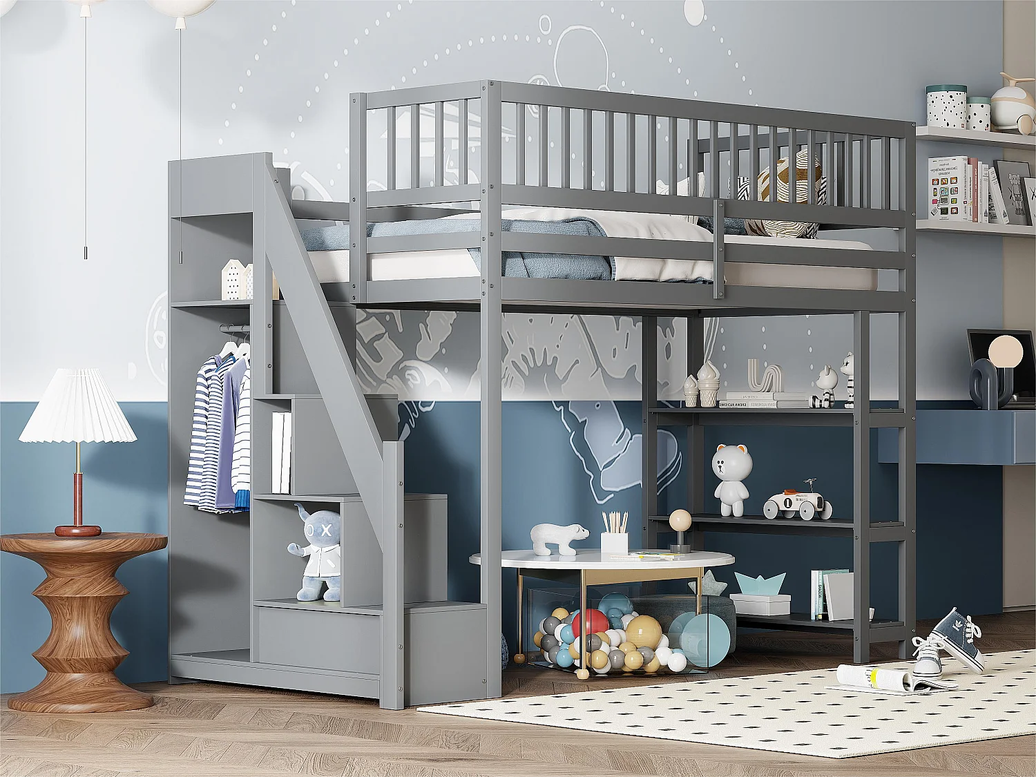 Cama altillo de madera de 90x200 cm - con estantes y armario - con barras altas - Gris