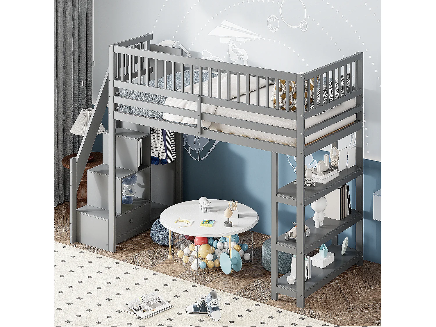 Cama altillo de madera de 90x200 cm - con estantes y armario - con barras altas - Gris