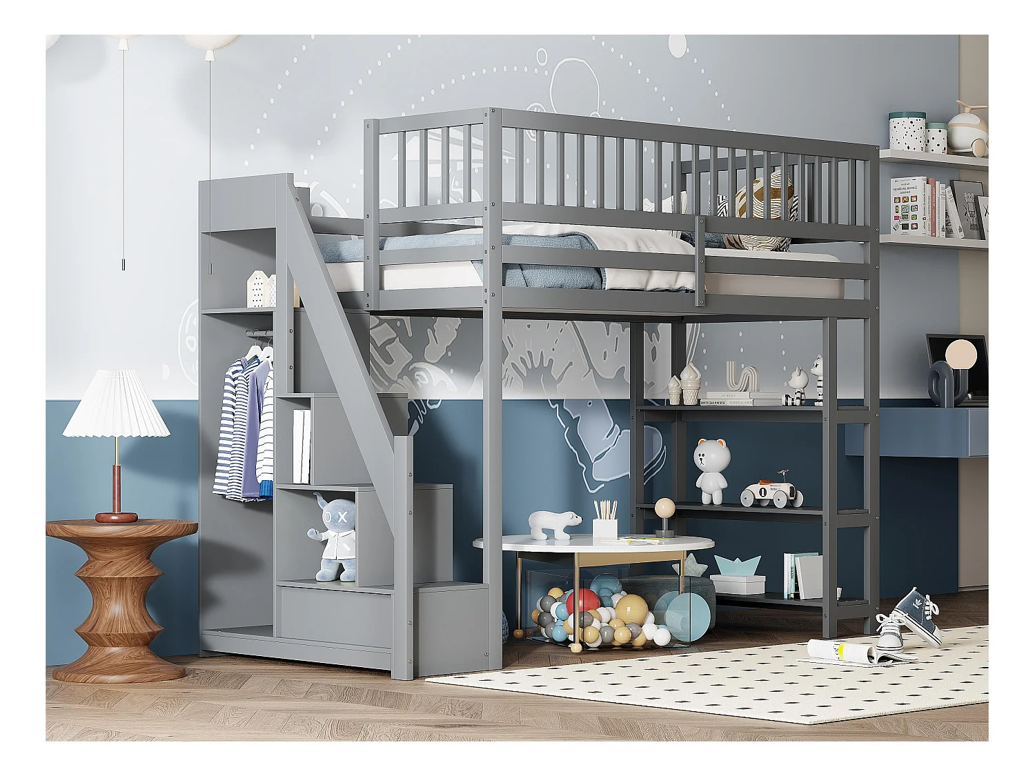 Lit mezzanine 90x200 cm en bois - avec étagères et une penderie - avec barres hautes - Gris