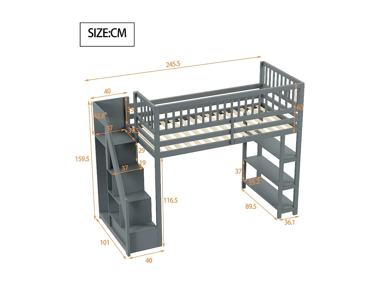 Lit mezzanine 90x200 cm en bois - avec étagères et une penderie - avec barres hautes - Gris