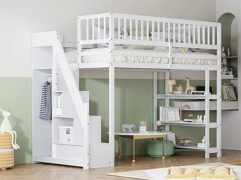 Cama mezanino em madeira 90x200 cm - com prateleiras e roupeiro - com barras altas - Branco