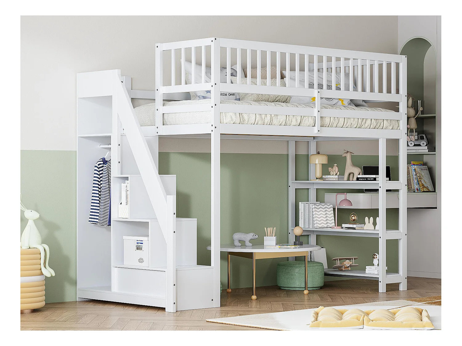 Lit mezzanine 90x200 cm en bois - avec étagères et une penderie - avec barres hautes - Blanc