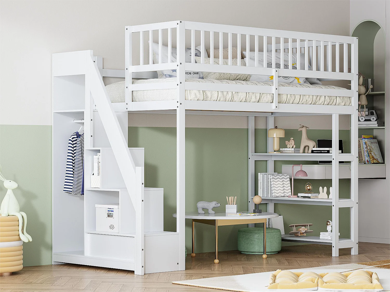 Cama entrepiso de madera 90x200 cm - con estantes y armario - con barras altas - Blanco