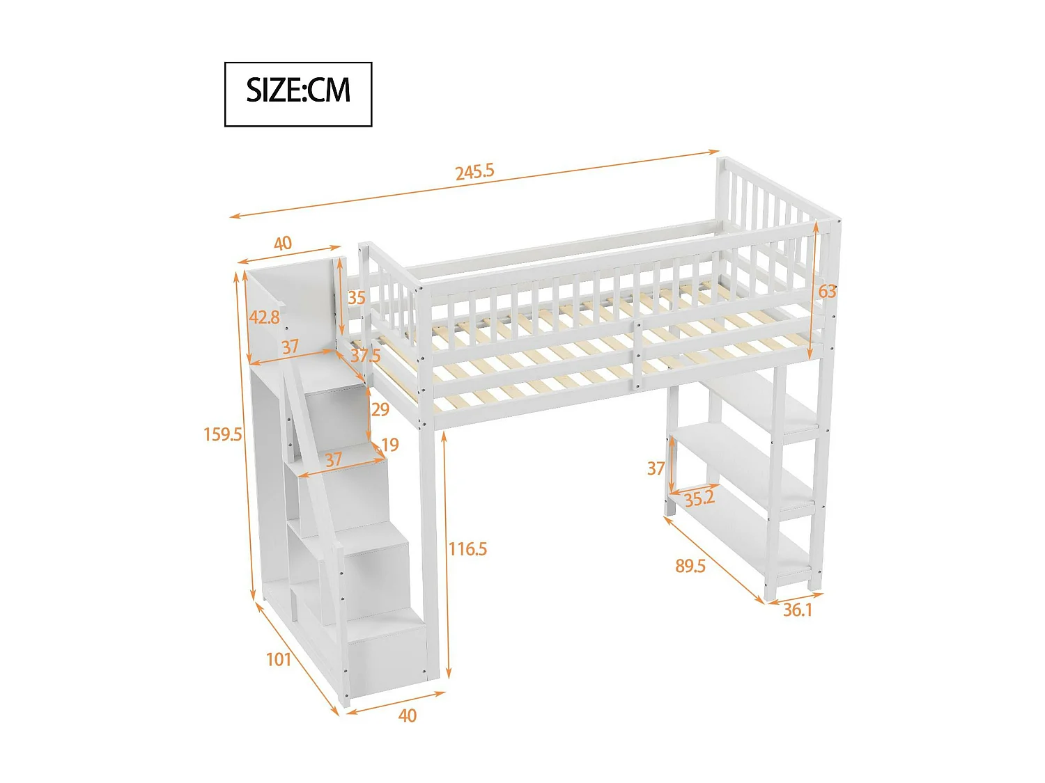Lit mezzanine 90x200 cm en bois - avec étagères et une penderie - avec barres hautes - Blanc