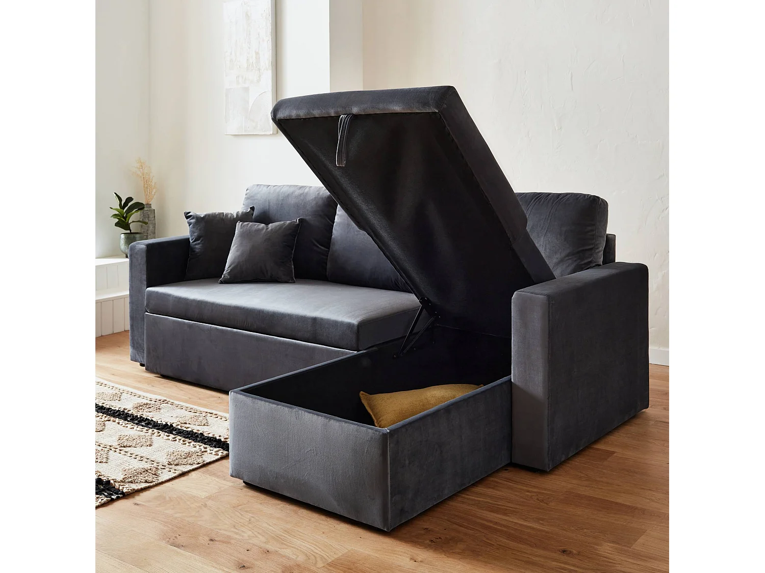 Canapé d'angle convertible en velours gris foncé 3 places. fauteuil d'angle réversible coffre rangement lit modulable