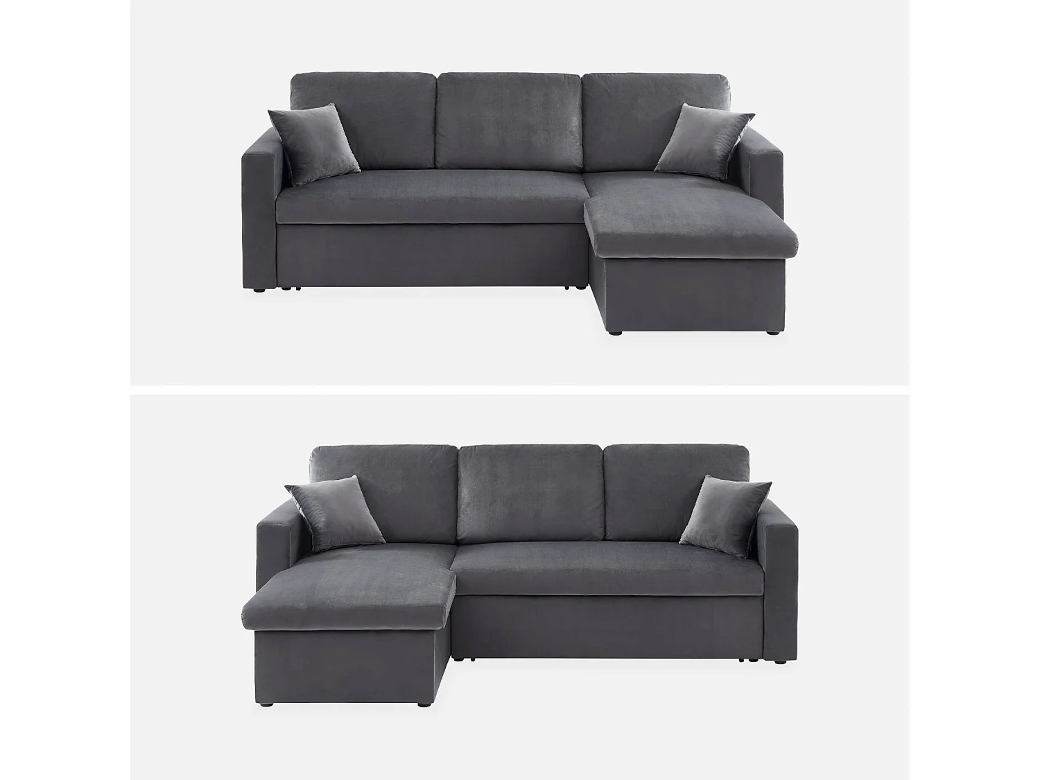 Canapé d'angle convertible en velours gris foncé 3 places. fauteuil d'angle réversible coffre rangement lit modulable
