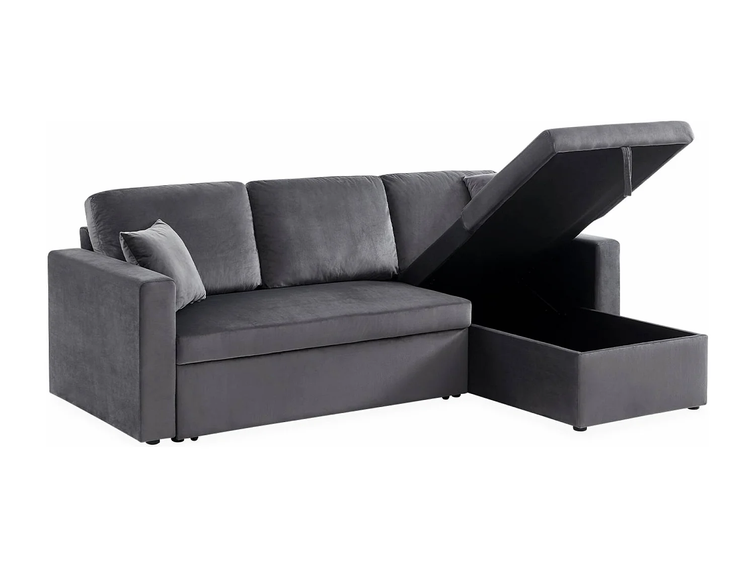 Canapé d'angle convertible en velours gris foncé 3 places. fauteuil d'angle réversible coffre rangement lit modulable