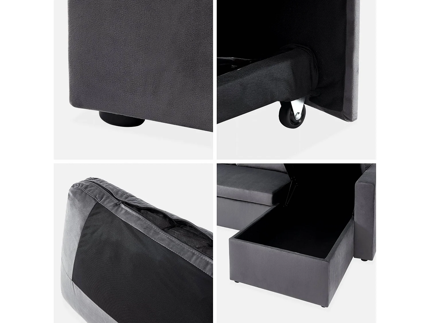 Canapé d'angle convertible en velours gris foncé 3 places. fauteuil d'angle réversible coffre rangement lit modulable