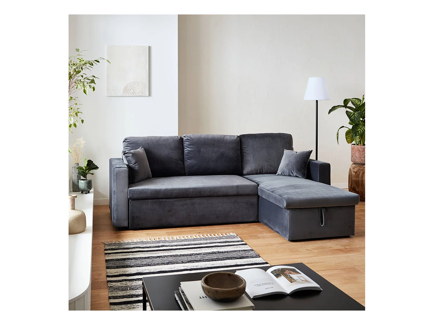 Canapé d'angle convertible en velours gris foncé 3 places. fauteuil d'angle réversible coffre rangement lit modulable