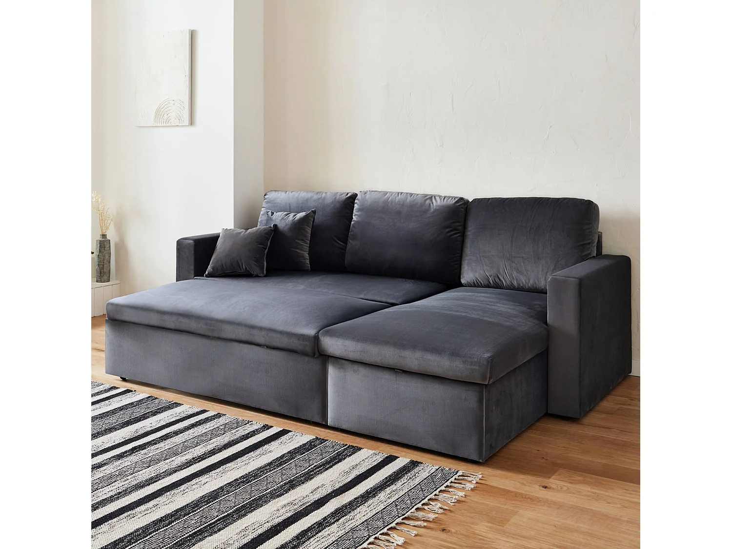 Divano letto angolare reversibile in velluto, 3 posti, grigio scuro