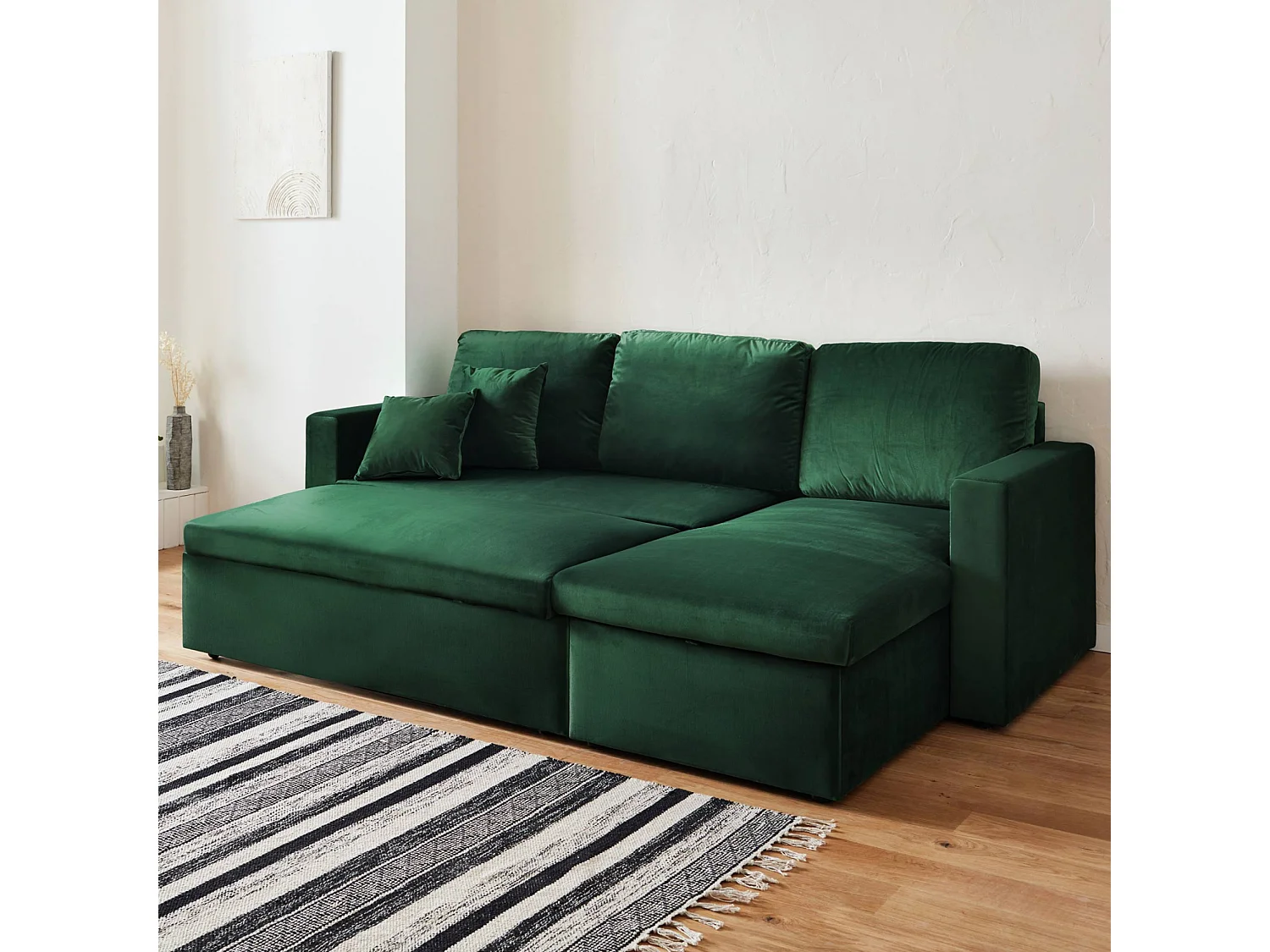 Divano letto angolare reversibile in velluto, 3 posti, verde inglese