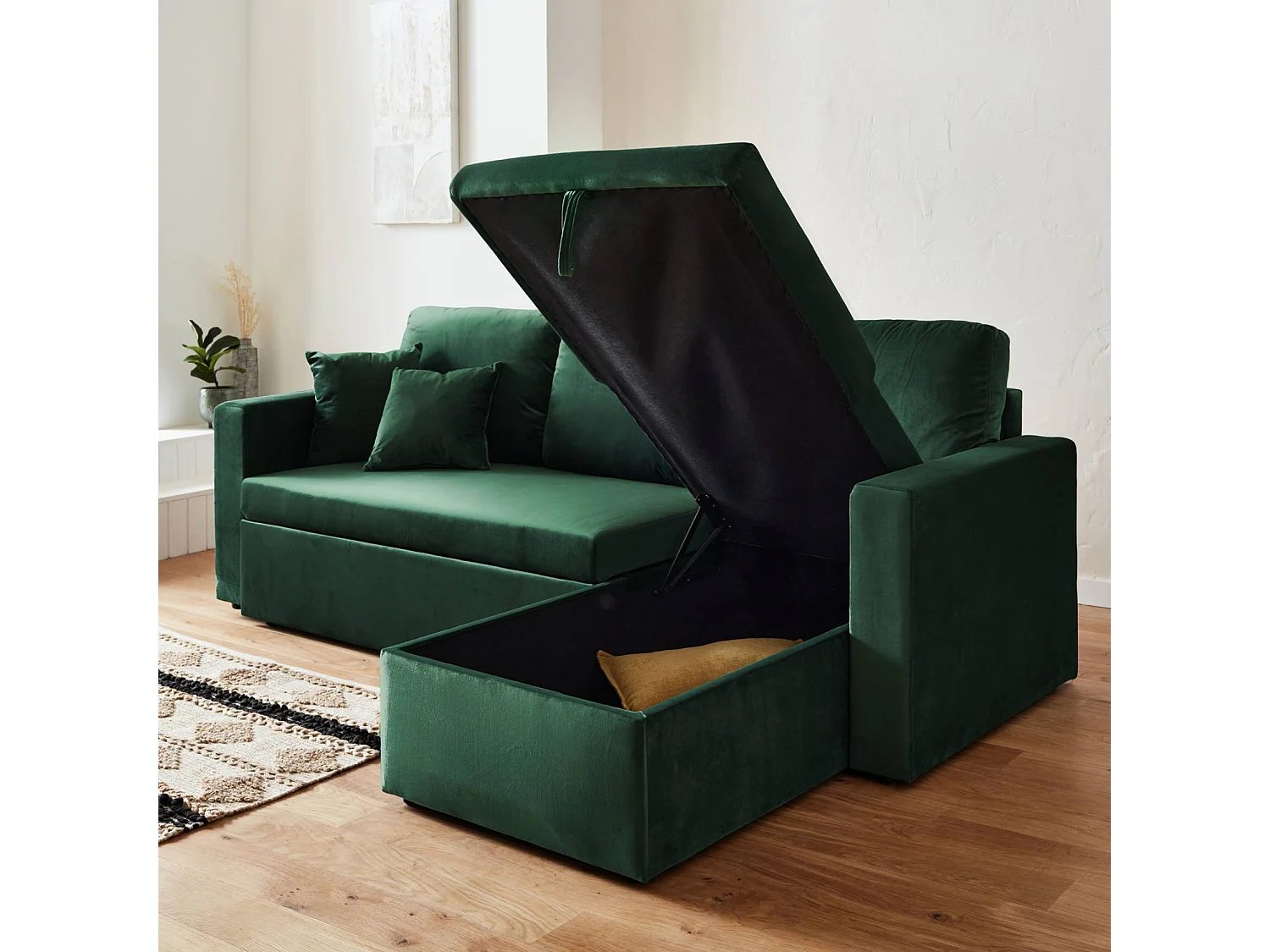 Divano letto angolare reversibile in velluto, 3 posti, verde inglese