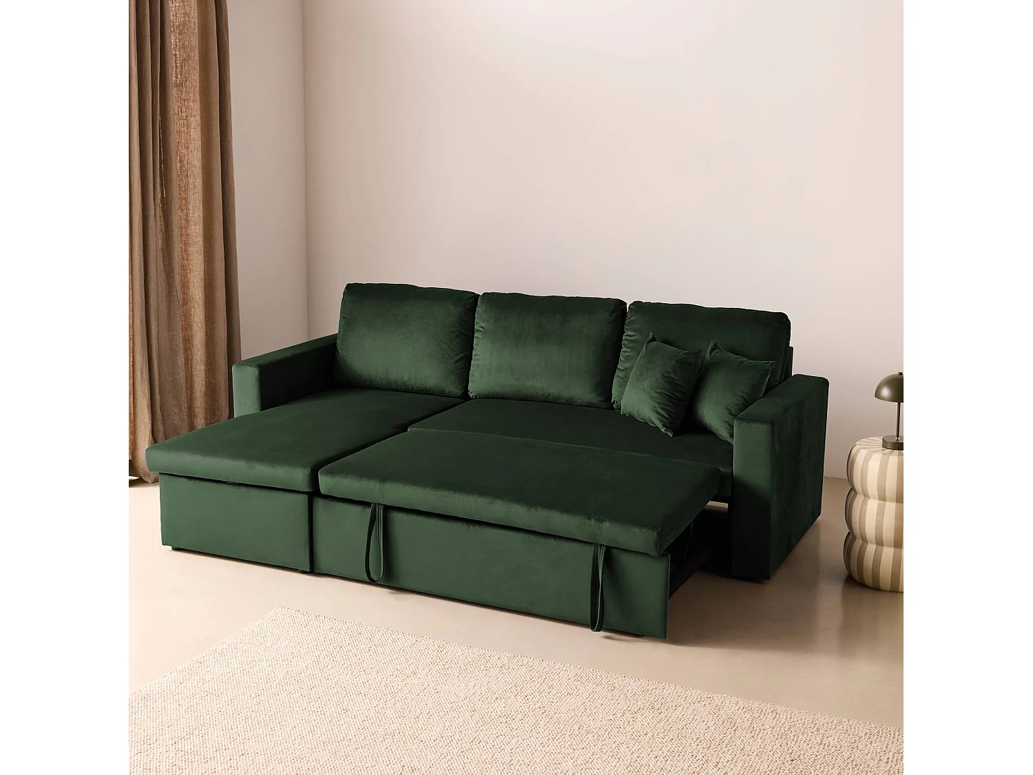 Divano letto angolare reversibile in velluto con contenitore, 3 posti,