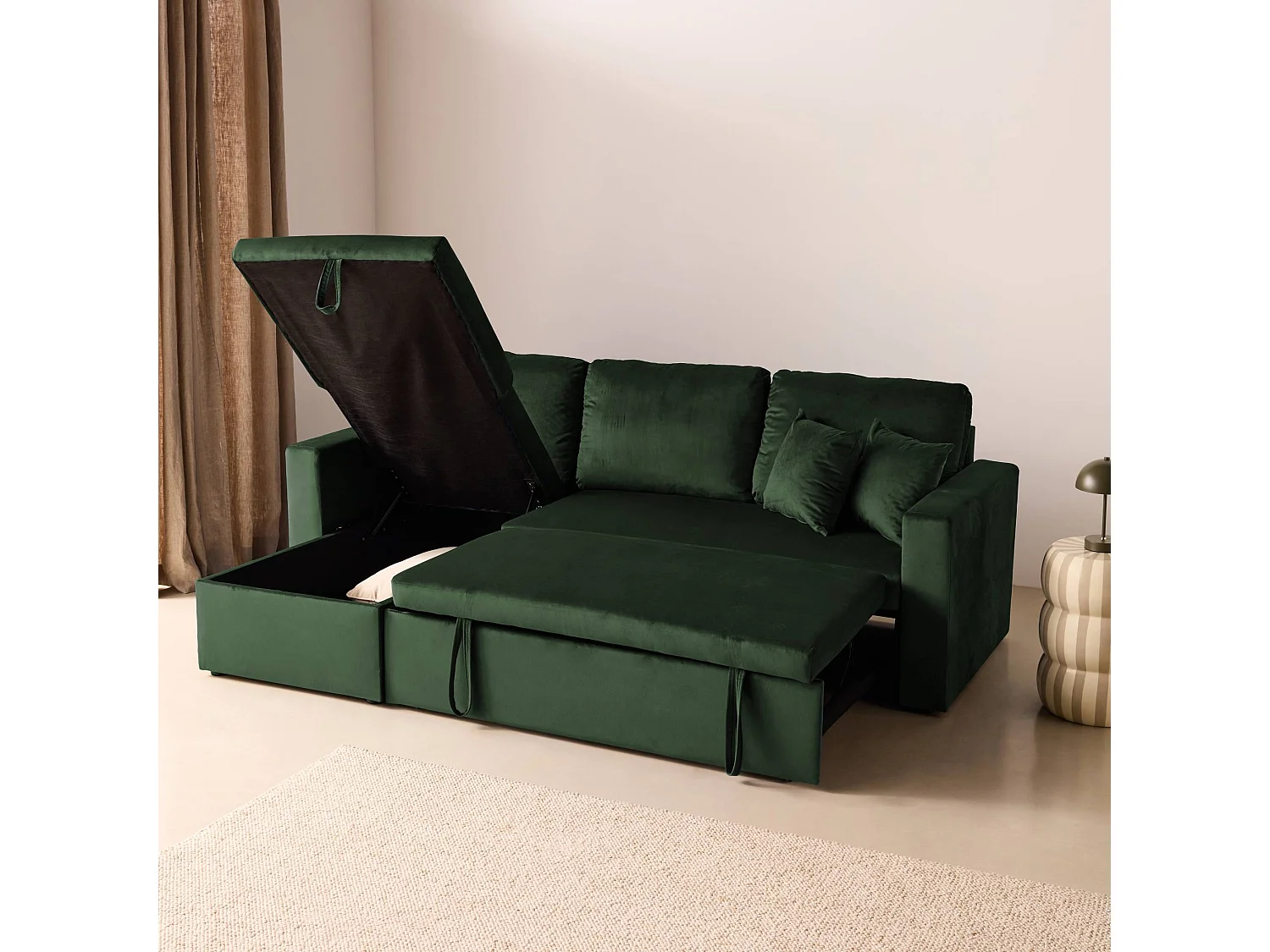 Divano letto angolare reversibile in velluto con contenitore, 3 posti,