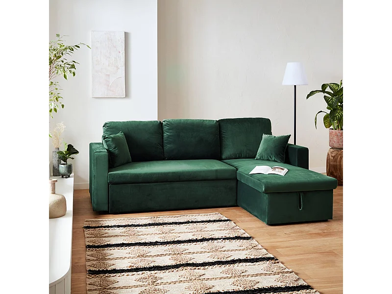 Divano letto angolare e reversibile velluto  3 posti, verde inglese