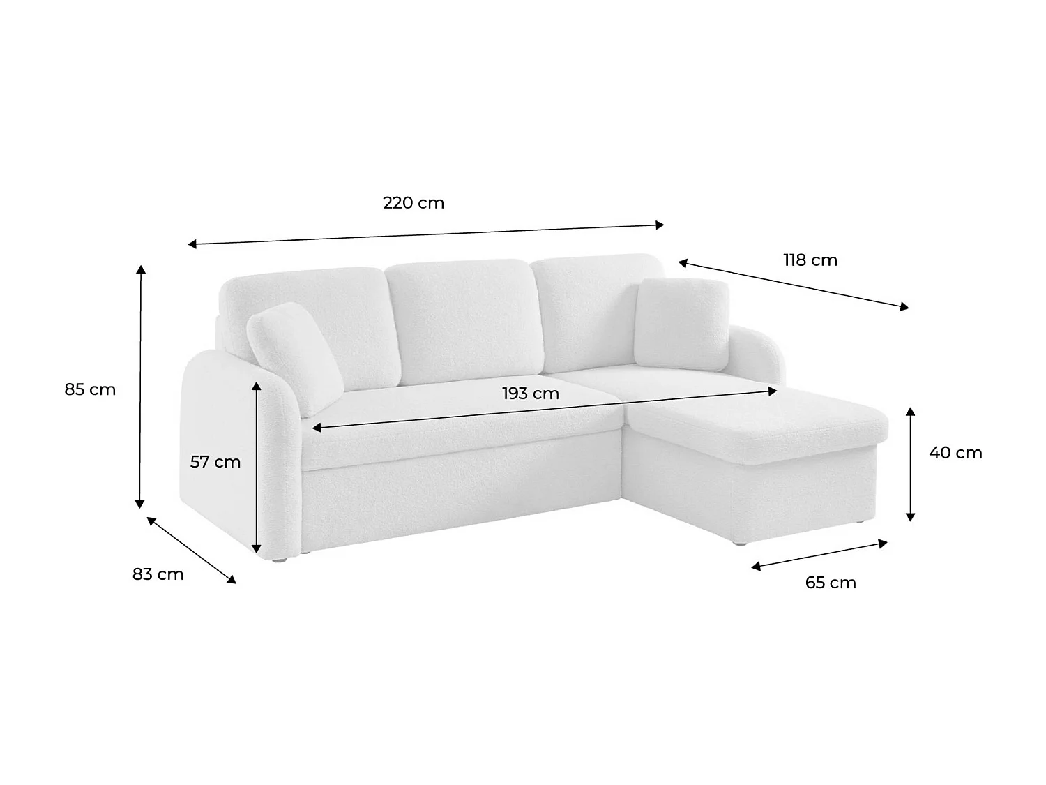 Canapé d'angle convertible en tissu bouclettes crème - Milano - 3 places. fauteuil d'angle réversible coffre rangement lit modulable