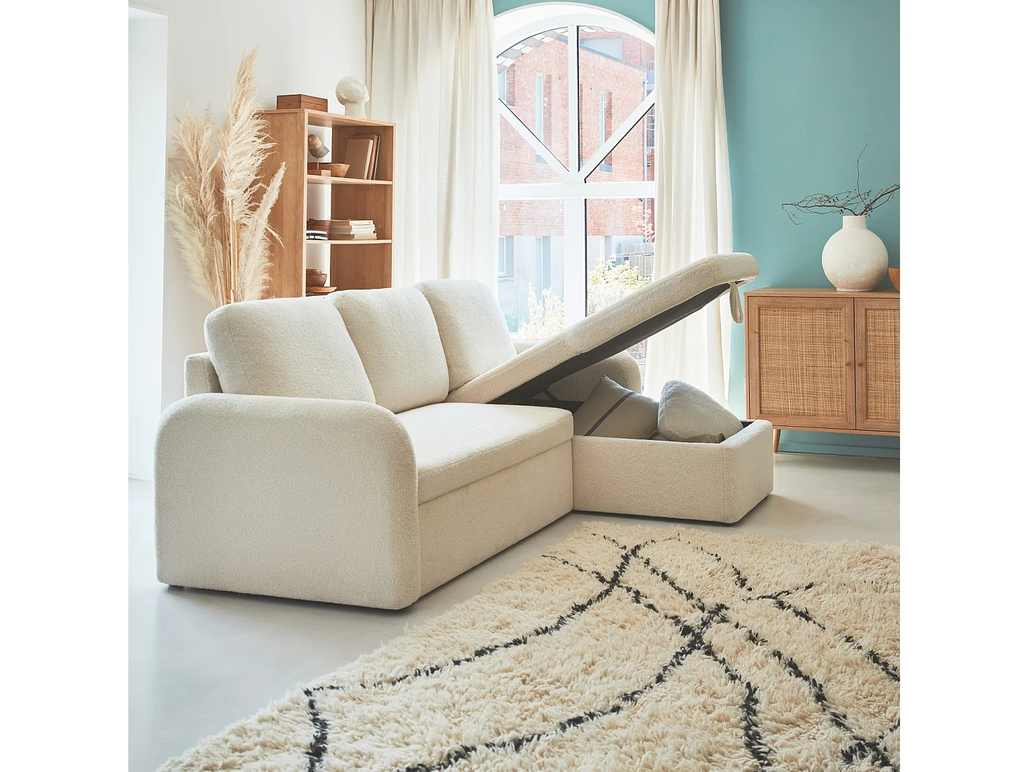 Canapé d'angle convertible en tissu bouclettes crème - Milano - 3 places. fauteuil d'angle réversible coffre rangement lit modulable