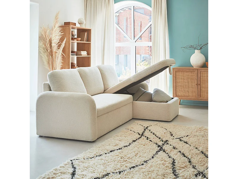 Divano letto angolare reversibile bouclé a 3 posti con contenitore,