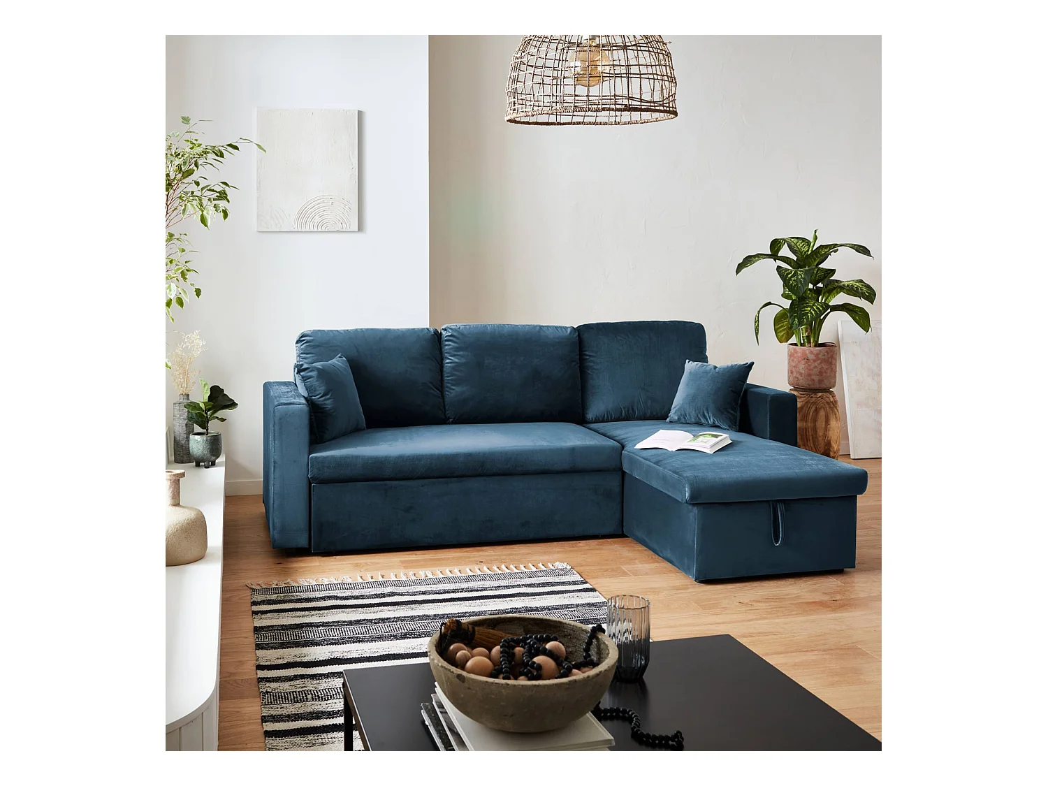 Divano letto angolare e reversibile velluto  3 posti, blu