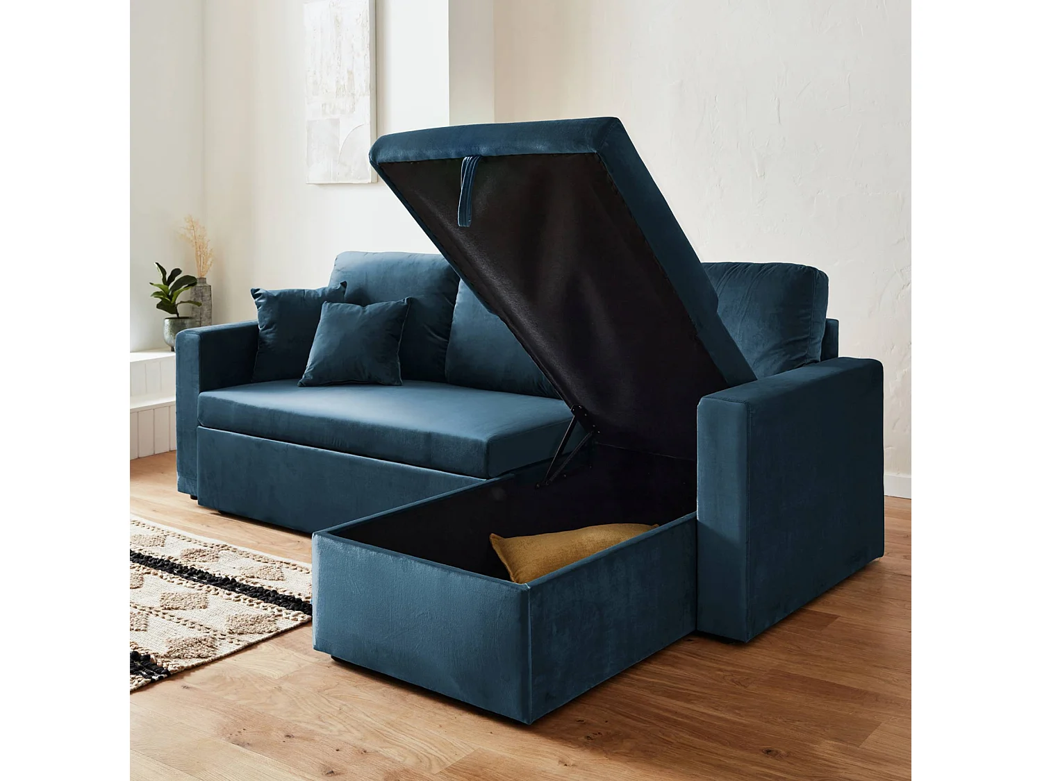 Divano letto angolare reversibile in velluto, 3 posti, blu