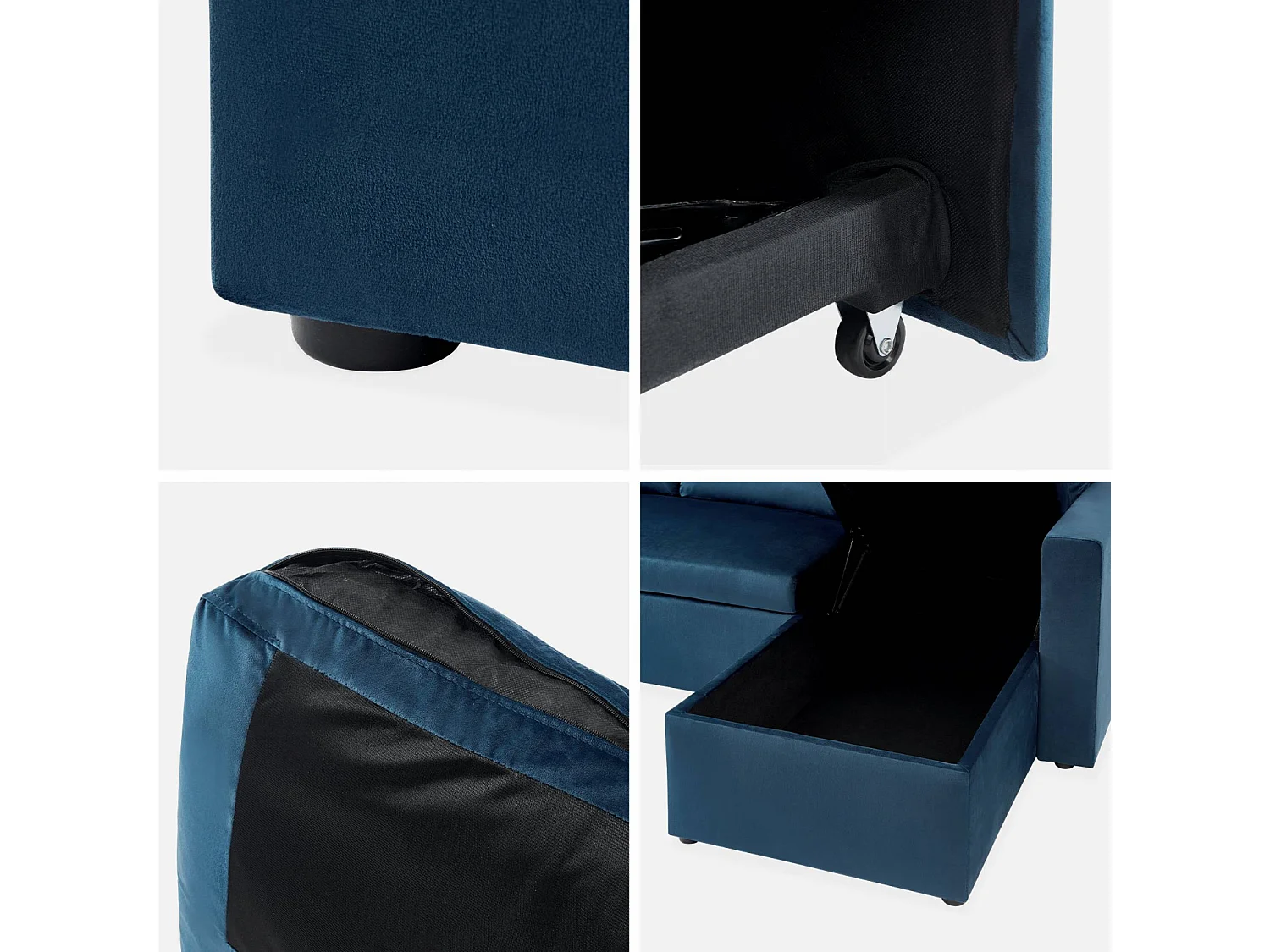 Divano letto angolare reversibile in velluto, 3 posti, blu