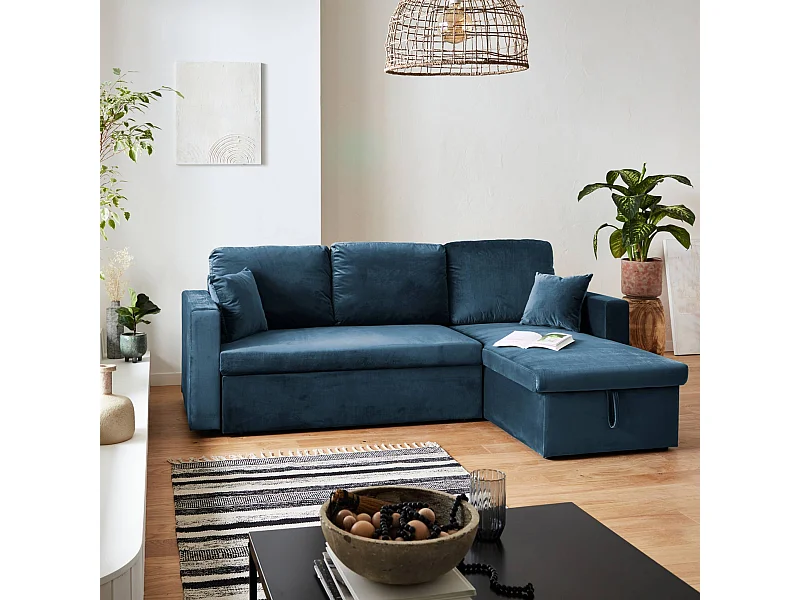 Canapé d'angle convertible en velours bleu pétrole 3 places. fauteuil d'angle réversible coffre rangement lit modulable