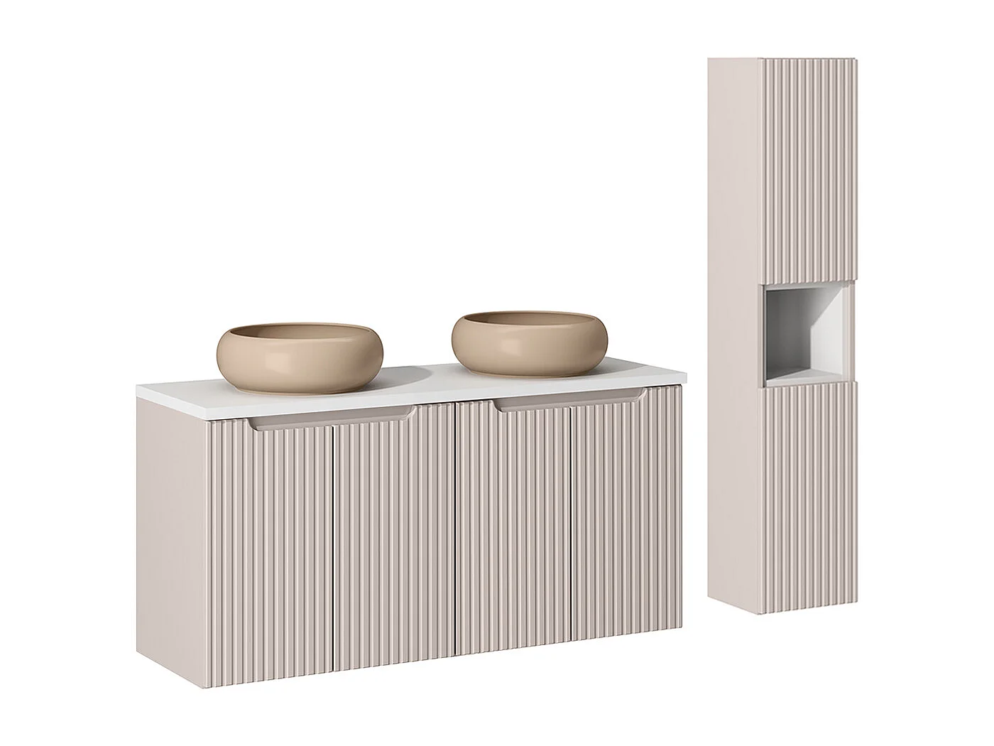 Set di lavabi doppi da 120 cm con 4 ante e colonna Riva Cashmere e Bianco