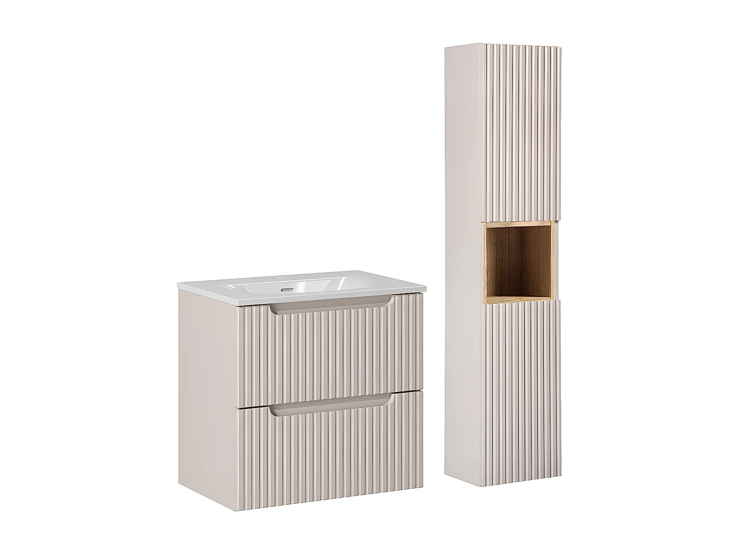 Ensemble meuble simple vasque encastrée 60cm 2 tiroirs et colonne Riva Cachemire et Bois