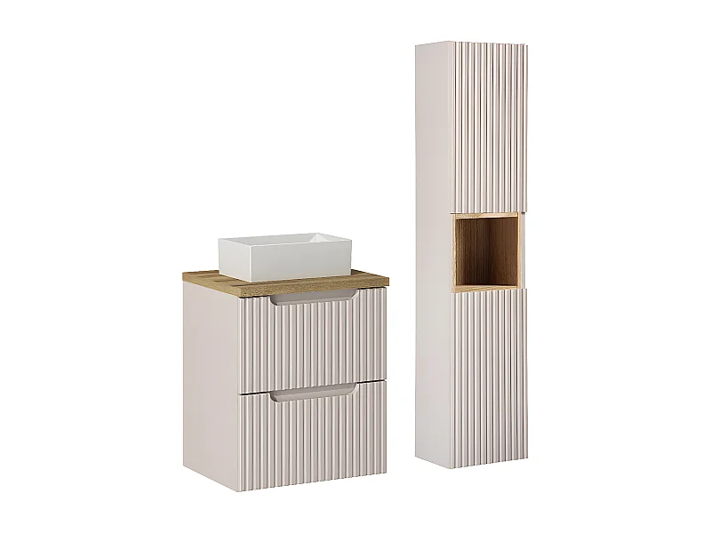 Ensemble meuble simple vasque 50cm 2 tiroirs et colonne Riva Cachemire et Bois