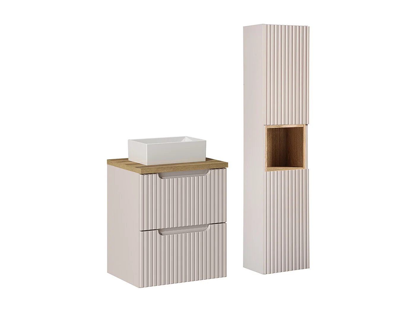 Ensemble meuble simple vasque 50cm 2 tiroirs et colonne Riva Cachemire et Bois