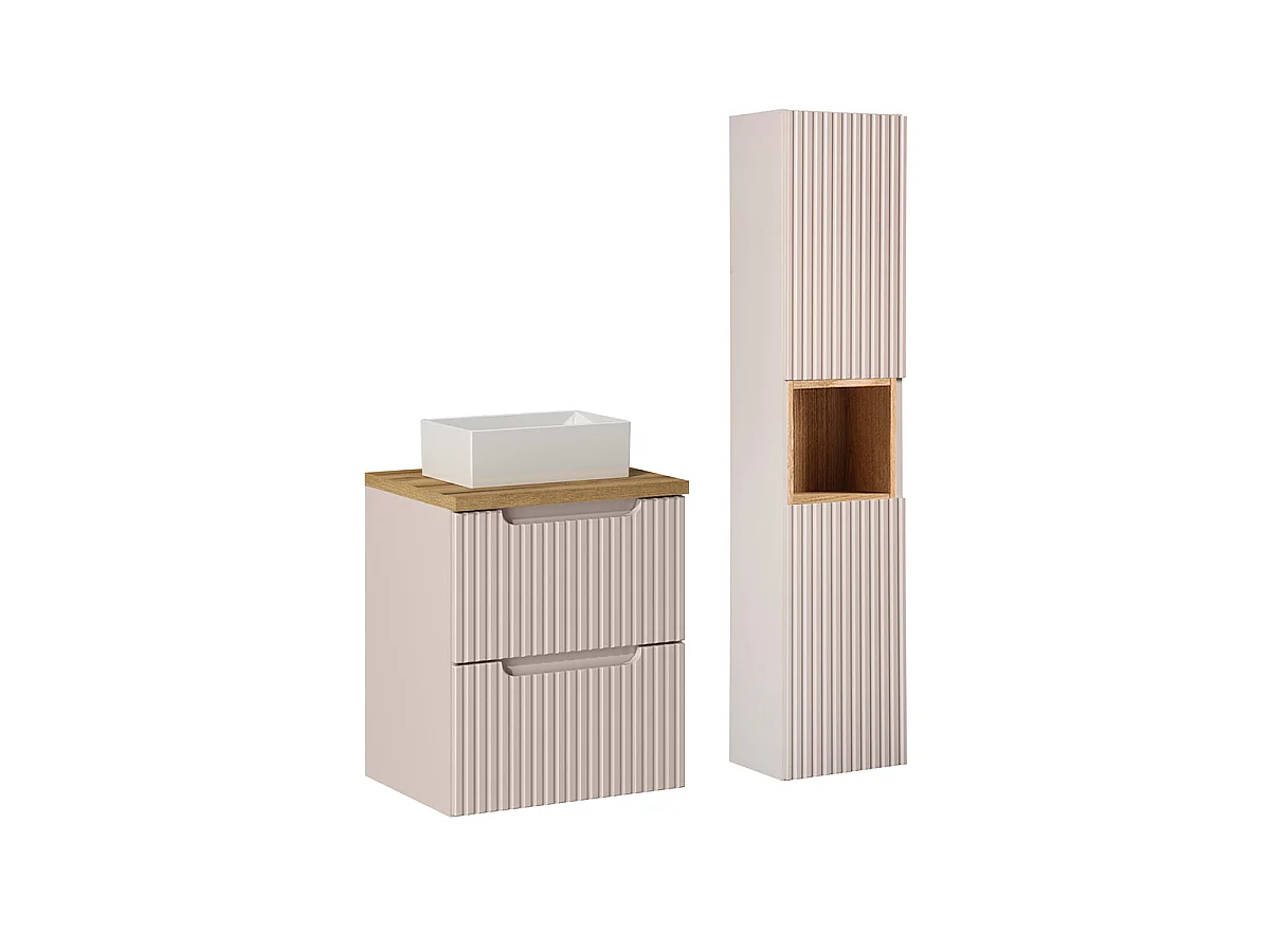 Conjunto de muebles con lavabo individual 50cm 2 cajones y columna Riva Cachemira y Madera