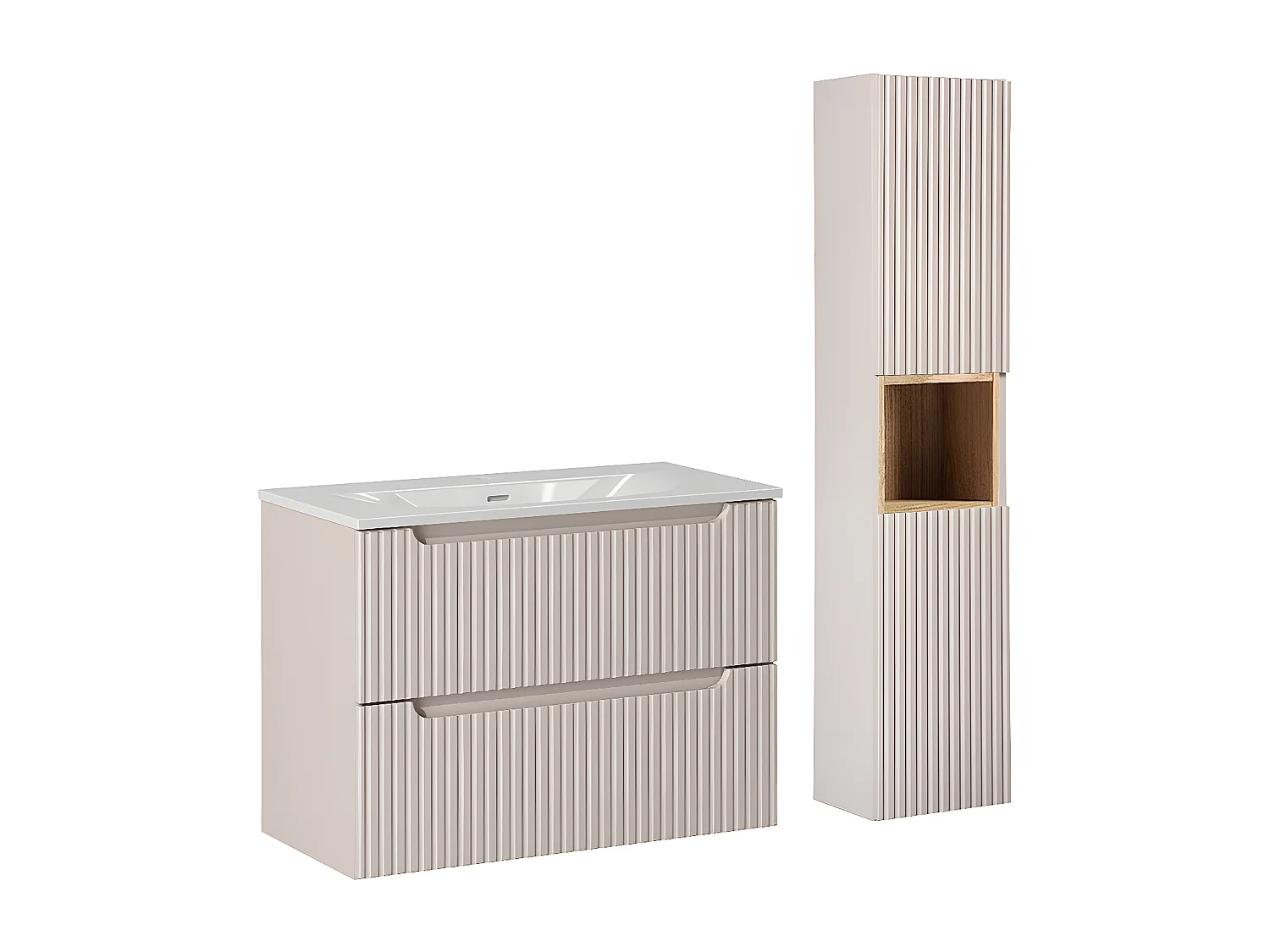 Ensemble meuble simple vasque encastrée 80cm 2 tiroirs et colonne Riva Cachemire et Bois