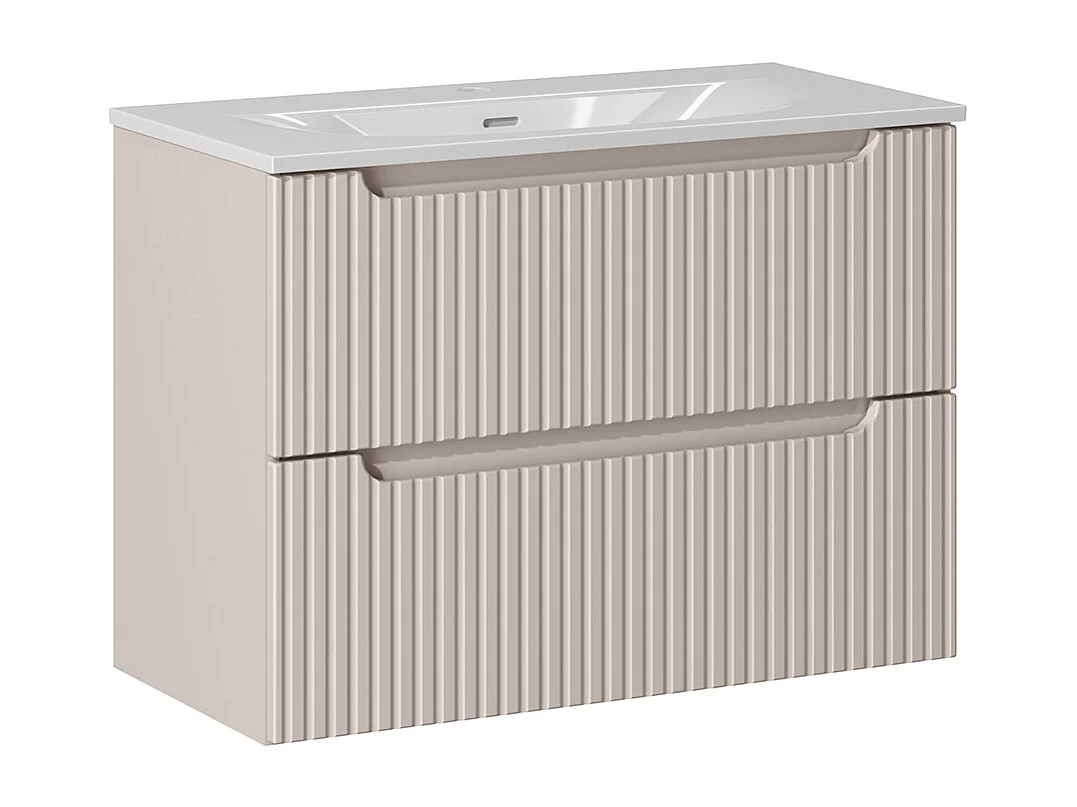 Ensemble meuble simple vasque encastrée 80cm 2 tiroirs en colonne Riva Cachemire en Hout