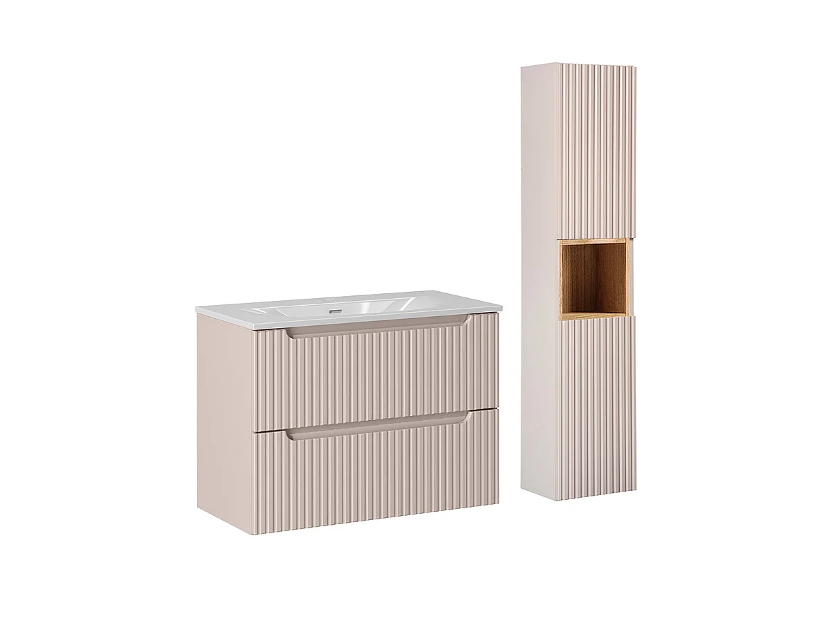 Ensemble meuble simple vasque encastrée 80cm 2 tiroirs en colonne Riva Cachemire en Hout